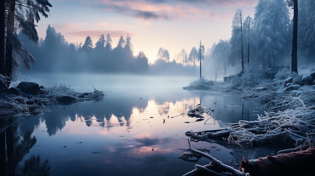 a tranquil winter morning where nature's beauty is veiled in a soft ethereal mist and fog The gentle embrace of the fog adds an enchanting and serene quality to the landscape