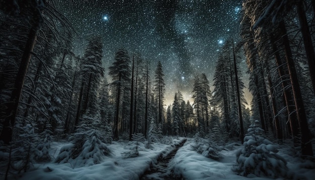 Tranquil winter night deep in the forest under starry sky generated by artificial intelligence