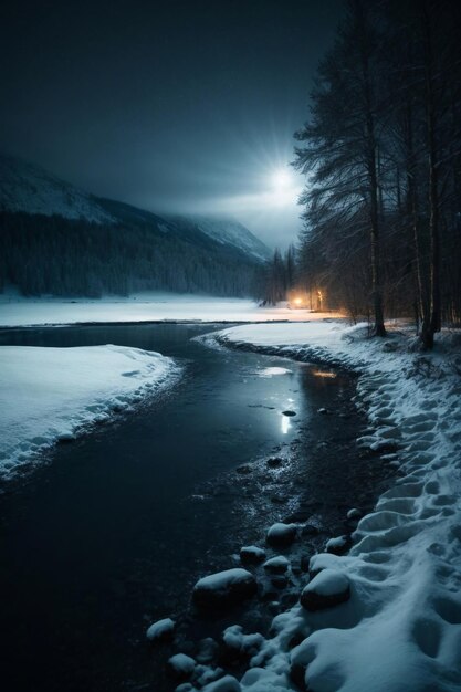 A tranquil winter night a snowy path guiding to a serene frozen lake under moonlight