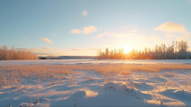 Tranquil Winter Scene Sun Setting Over Grassy Snowy Field In Rural Finland