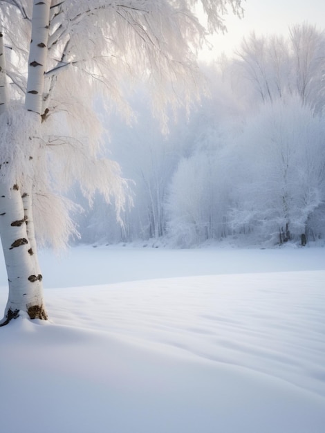 A tranquil winter scene with a lone white birch tree covered in snow