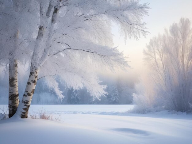 A tranquil winter scene with a lone white birch tree covered in snow