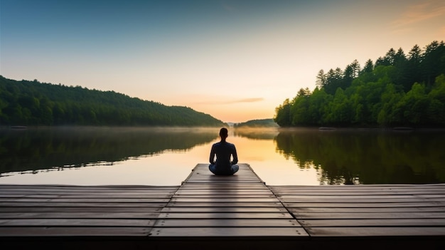 Спокойная женщина медитирует, сидя в позе лотоса на пирсе у спокойной реки в осенний день.
