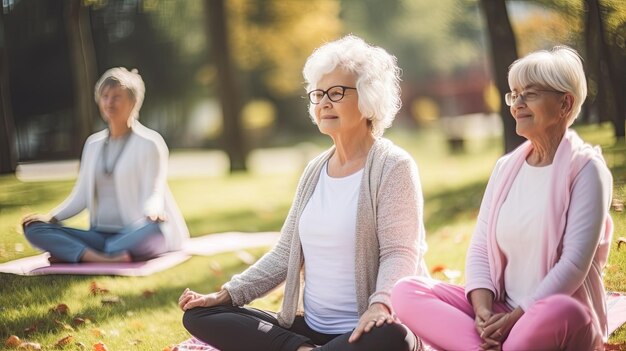 Photo tranquil woman meditates with group during yoga session recreation with mindfulness