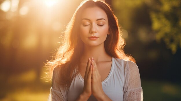 A tranquil woman in a peaceful outdoor setting gracefully practicing a yoga pose with serene expression and focus