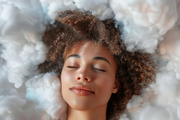 A tranquil woman surrounded by soft clouds symbolizing peaceful sleep and relaxation