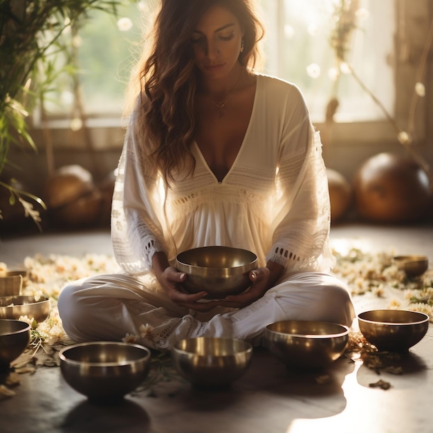 Tranquil woman in white dress holding singing bowl on grass in tent lady playing spiritual music