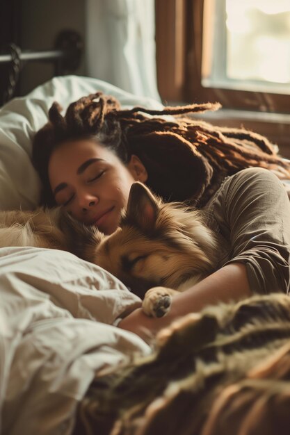 Tranquil woman with dreadlocks enjoying a sunlit nap with loyal dog