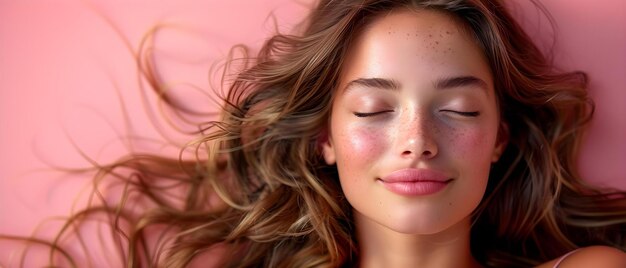 Tranquil Woman with Eyes Closed and Long Hair Lying on Pink Background Concept Tranquility Woman Eyes Closed Long Hair Pink Background