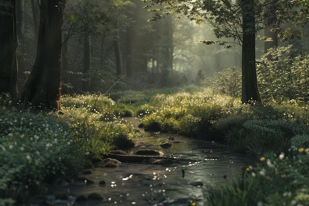 A tranquil woodland glade with a babbling brook oc