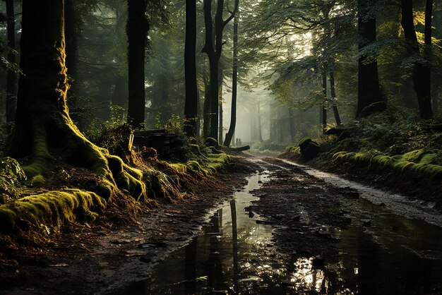 Tranquil Woodland Scene Sunlight Filtering Through the Trees