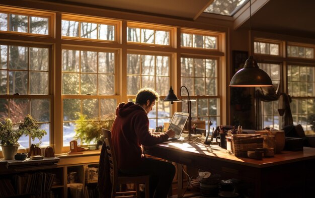 A tranquil work area with an organized desk an open laptop and a view of the garden