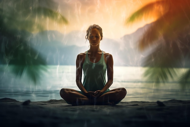 A tranquil yoga session on a remote beach realistic tropical background