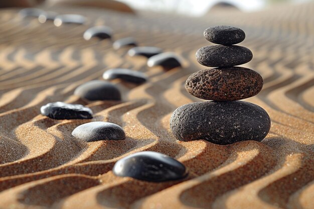Tranquil zen garden with raked sand and stones