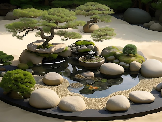 Premium Photo  A tranquil zen garden with a small pond bonsai trees and  raked sand patterns
