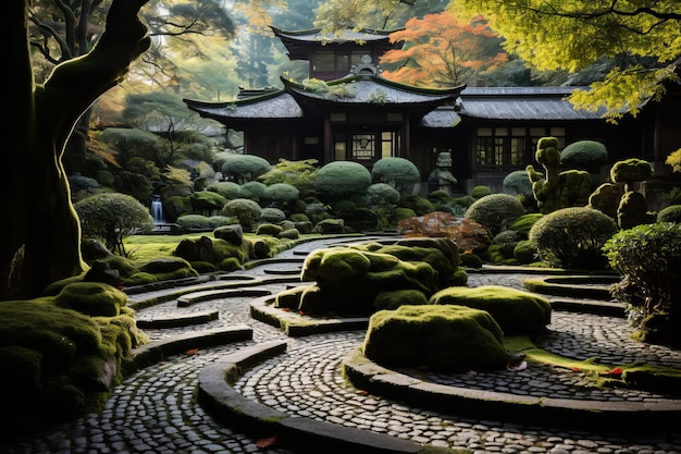 Foto giardino zen tranquillo con sentieri di pietra ai generativa