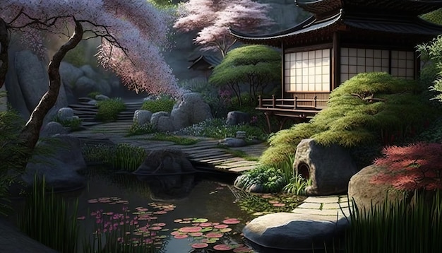 Tranquil Zen Garden with Winding Paths and Blooming Flowers