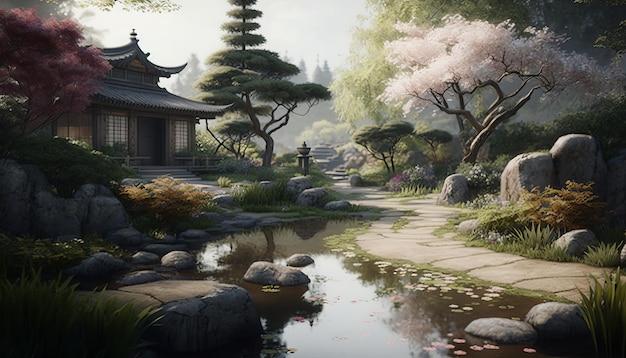 Tranquil Zen Garden with Winding Paths and Blooming Flowers