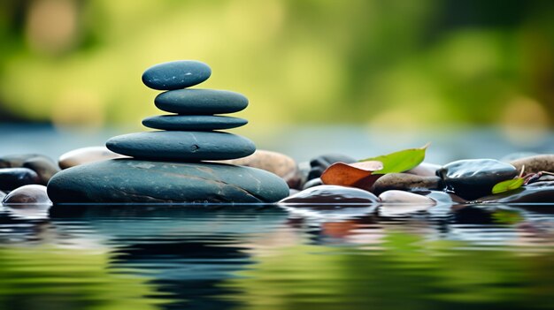 Спокойный дзен, гладкие камни, уравновешенные на берегу воды