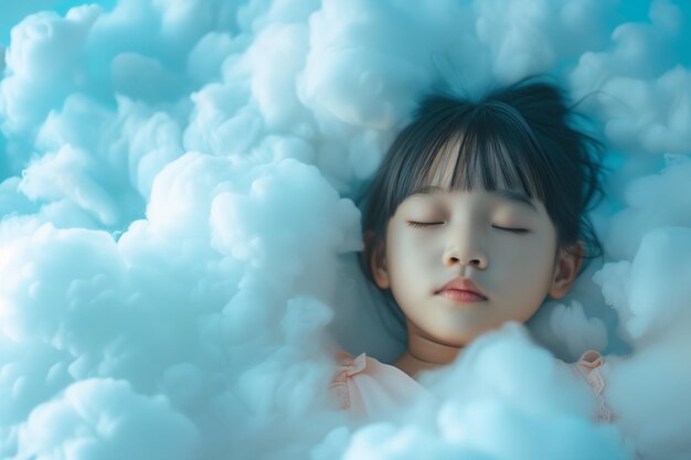 写真 静けさ が 捕らえ られ て いる やか な アジア の 子供 は 雲 に 飾ら れ た ベッド で 平和 を 見いだす