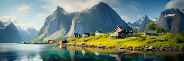 Фото Спокойствие сельской местности с фьордным ландшафтом, где спокойные воды отражают возвышающиеся горы и причудливые деревни
