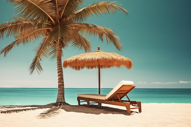 Tranquility Sun Lounger on the Beach under a Palm Tree Generative AI