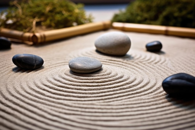 The tranquility of a Zen garden in a close up shot of carefully arranged stones Generative AI