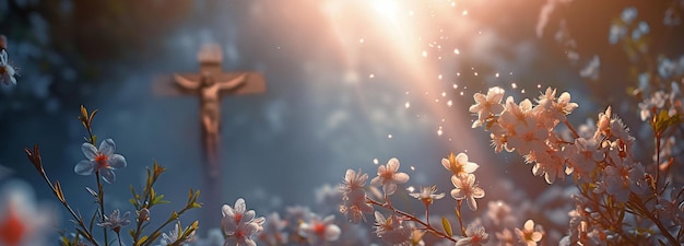 Transcendent Holy Spirit Light above a cross and spring blossoms