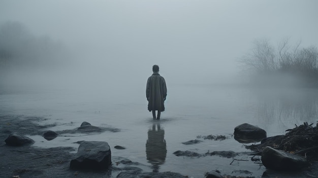 Foto un giovane ragazzo incontra la nebbia d'argento in un contesto di orrore psicologico