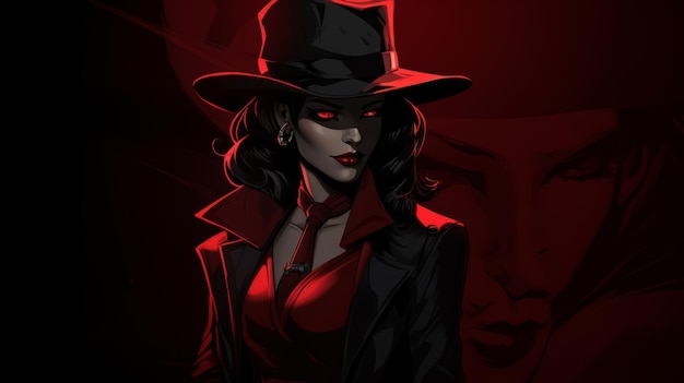Transcendente Dame Een Donkere Crimson Noir Comic Book Kunst