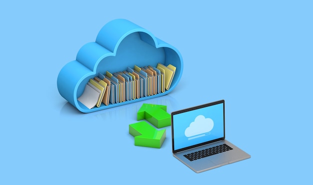 Transfer of files and data from server to computer. Cloud storage. Blue background. 3d render.