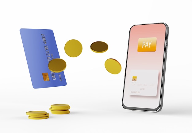 Transferring money from a bank card to a smartphone. Pay with your smartphone. E-commerce, e-commerce, mobile payment concepts. Modern graphic elements. 3D render.