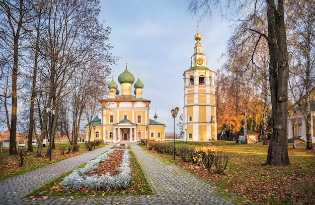 Transfiguration Cathedral with a bell tower in the Kremlin of Uglich in the rays of the morning autumn sun