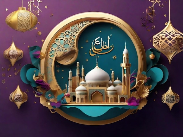 Transform Eid ulFitr wishes into a 3D masterpiece blending cultural symbols with futuristic elemen