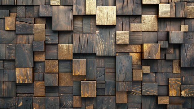 Transform your room with a 3D wallpaper imitating intricate wood and gold mosaic patterns