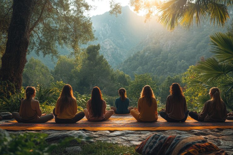 Foto transformatieve wellness retreat meditatie gezond eten natuur wandelingen spa behandelingen mindful