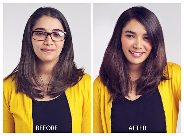 Photo transformation woman and smile with portrait for hair care with cosmetics hairstyle change or glasses makeover person face or collage for beauty change with collagen treatment on white background