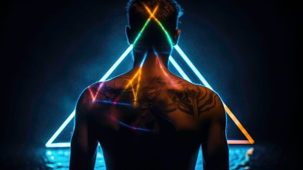 Transformationman met digitale het lichtbezinning van de neondriehoek op lichaam Concept moderne fotografie