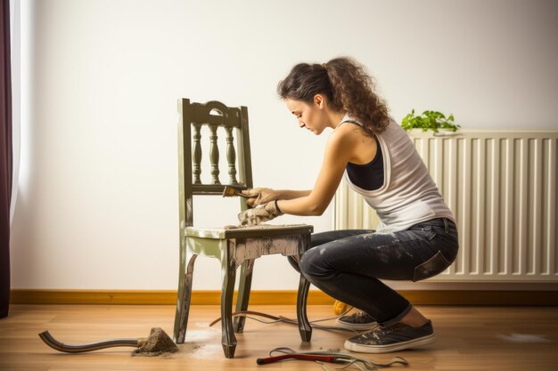 空間を変える DIYの女性が自宅の椅子に活気を与える