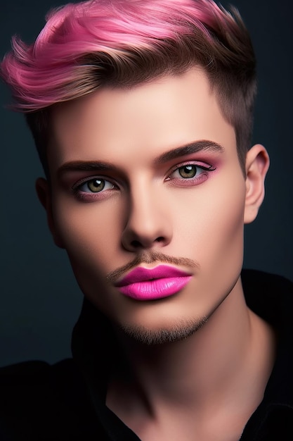 Transgender gay man with pink lipstick lips Male face with makeup Generative AI