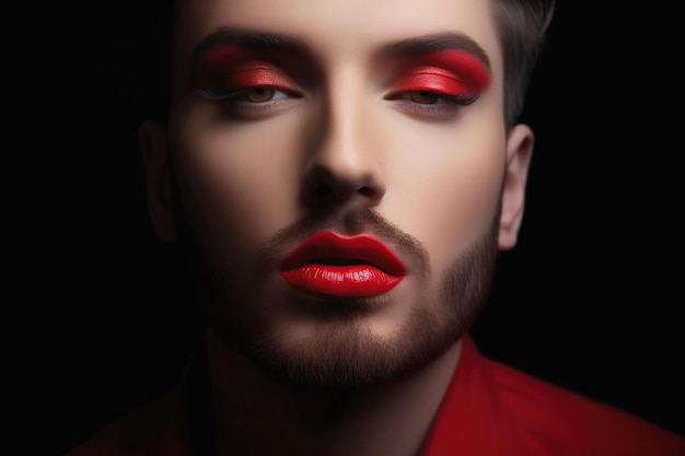Transgender gay man with red lipstick lips Male bearded face with makeup Generative AI