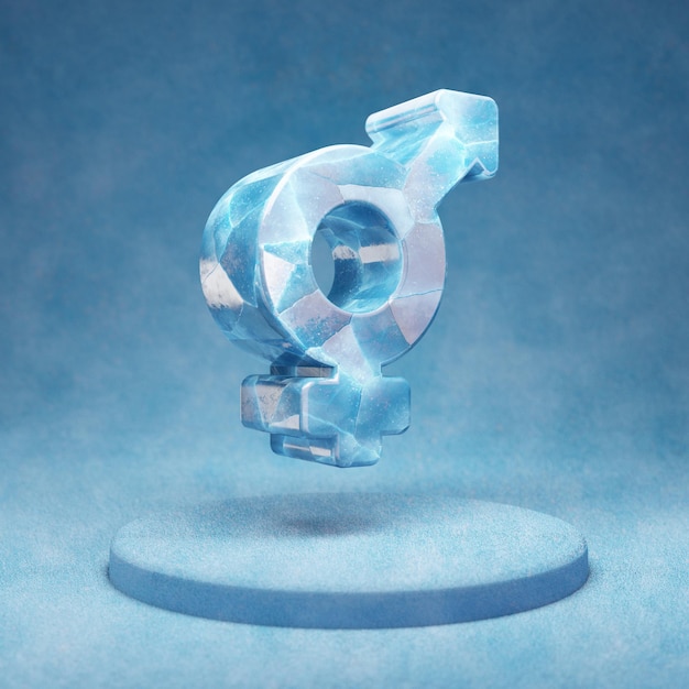 Transgender icon. Cracked blue Ice Transgender symbol on blue snow podium. Social Media Icon for website, presentation, design template element. 3D render.