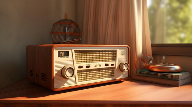 Transistor radio receiver on wood table in home