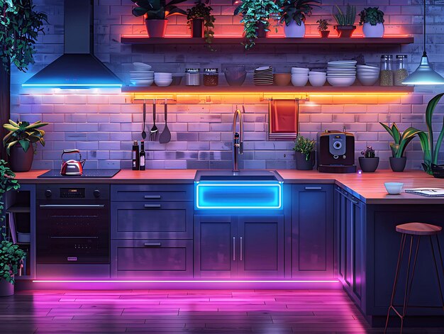 Photo transitional style kitchen with a farmhouse sink and shaker interior room neon light vr concept