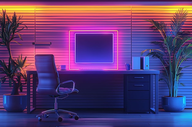 Photo transitional style office with a mix of modern and tradition interior room neon light vr concept