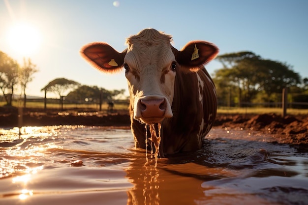 Translate to English a cow bathing in a puddle of water and mud in the field on a sunny day