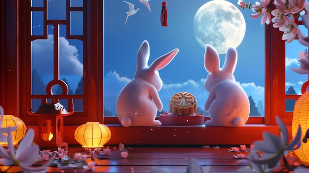 翻訳 8月15日 中秋祭 大きなムーンケーキのステージで可愛いウサギが 中国の窓のフレームを通って満月を見ています ポメロの蓮とランタンの隣に