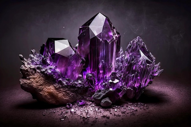 Translucent beautiful purple amethyst crystals on dark background with black lines