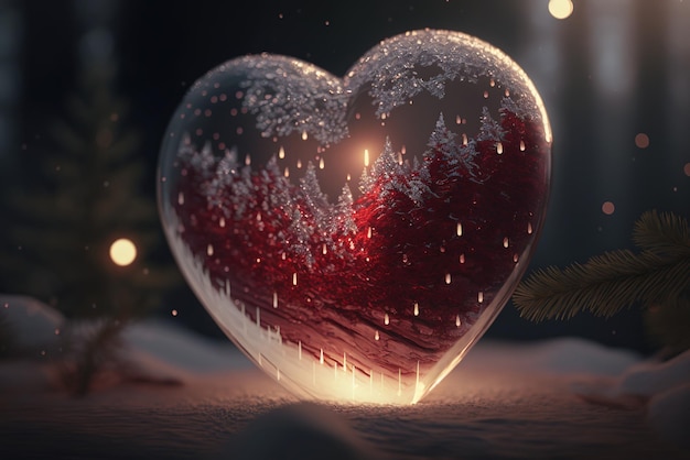 Translucent beautiful red heart with little bright Christmas lights