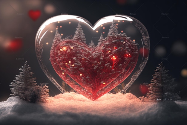 Translucent beautiful red heart with little bright Christmas lights